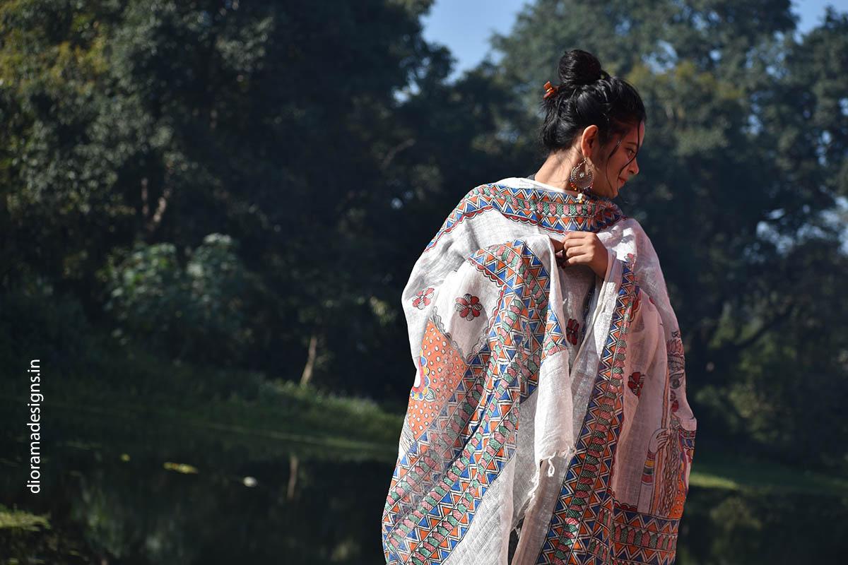 Madhubani Hand Painted Linen Dupatta