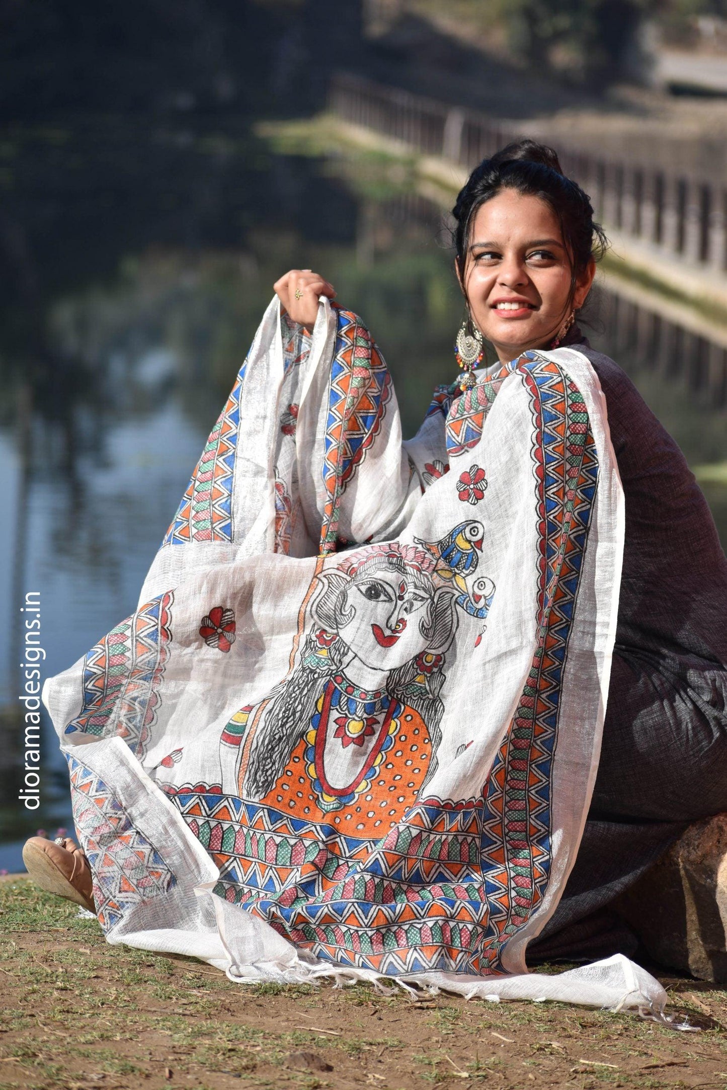 Madhubani Hand Painted Linen Dupatta