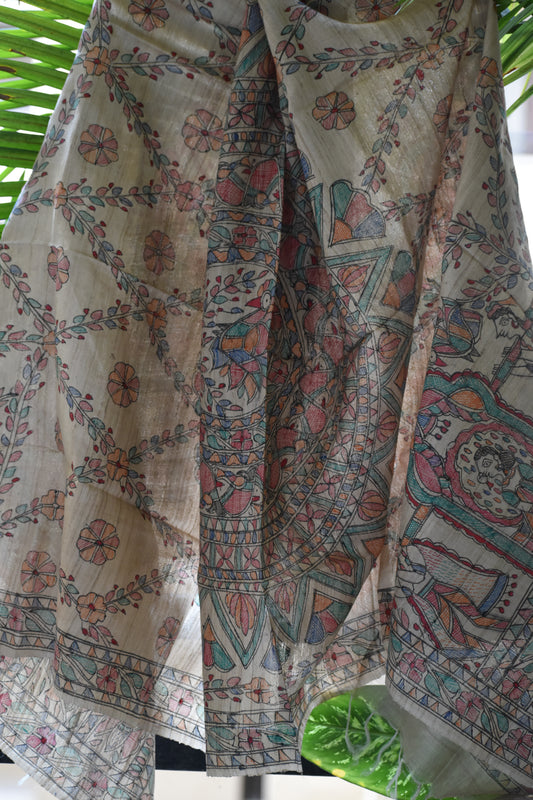 Madhubani Hand-Painted Natural Tussar Silk Dupatta