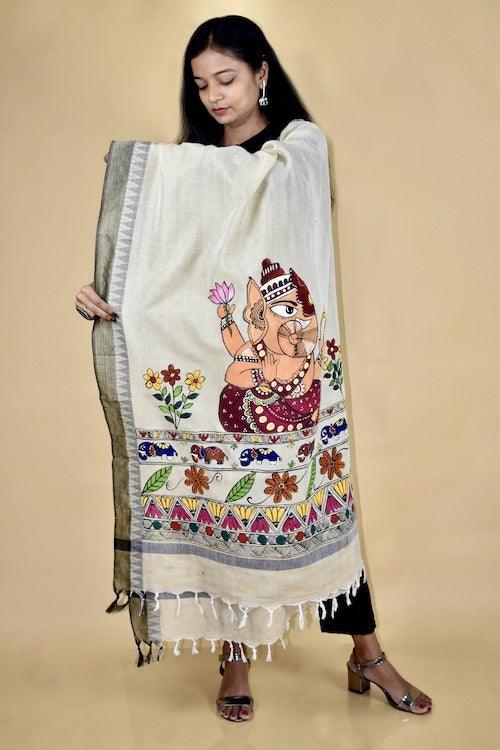 Madhubani Hand-painted "Gajanan" Cotton Dupatta