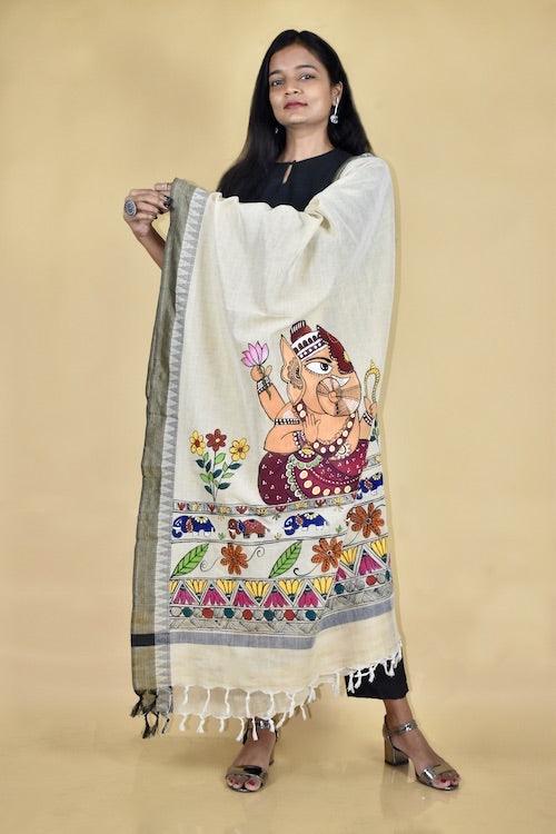 Madhubani Hand-painted "Gajanan" Cotton Dupatta