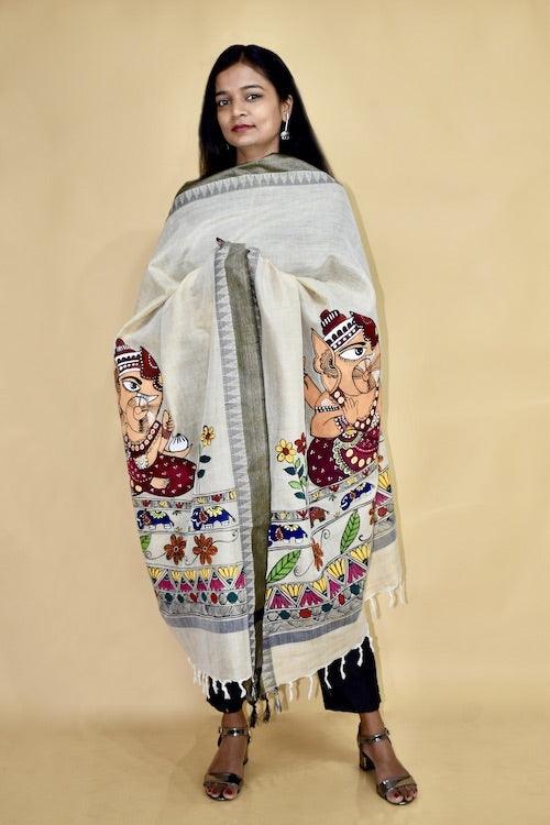 Madhubani Hand-painted "Gajanan" Cotton Dupatta