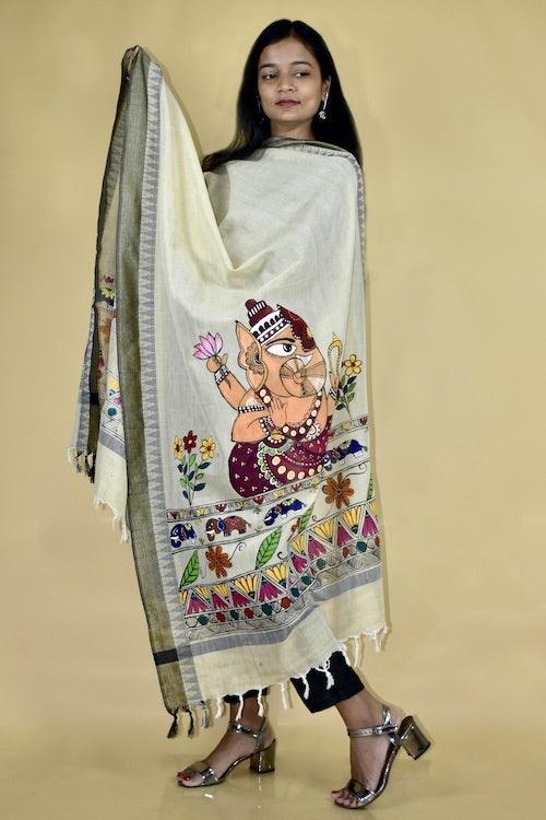 Madhubani Hand-painted "Gajanan" Cotton Dupatta