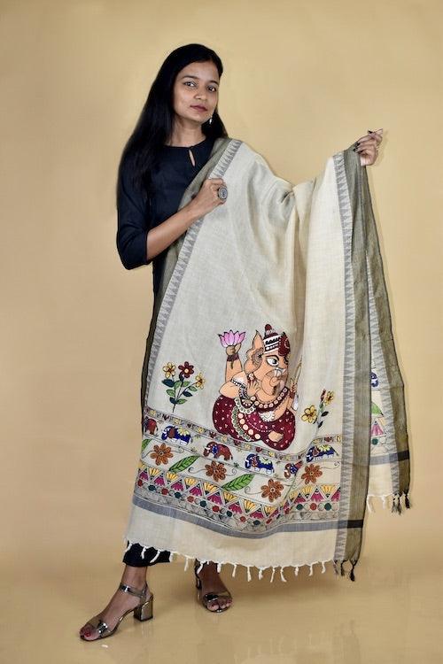 Madhubani Hand-painted "Gajanan" Cotton Dupatta