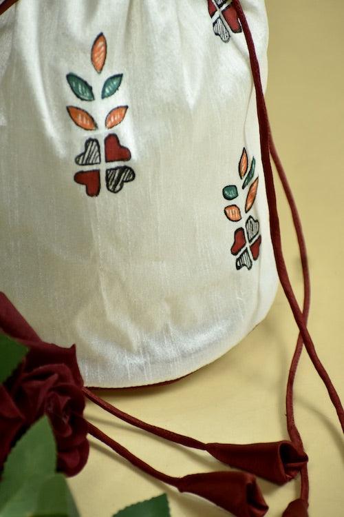 White Silk Handpainted Madhubani Potli