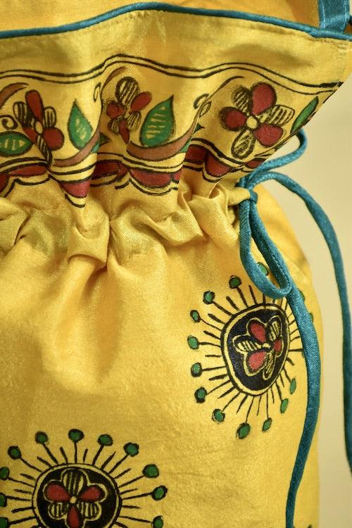 Yellow Silk Handpainted Madhubani Potli