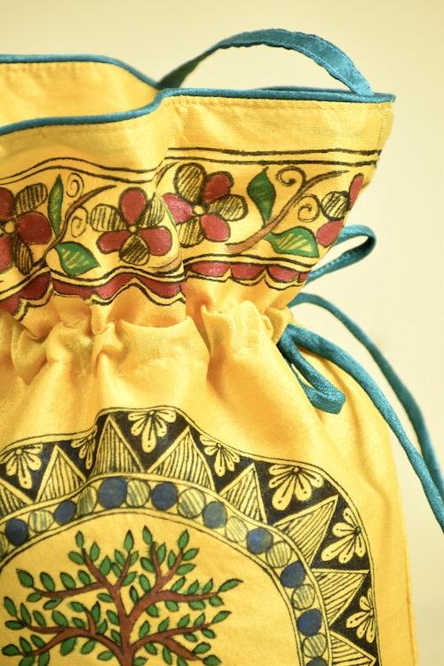 Yellow Silk Handpainted Madhubani Potli