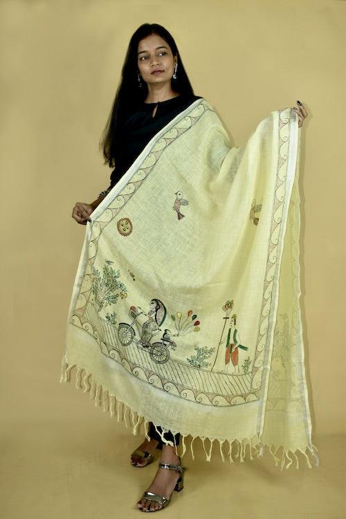 Madhubani Hand-painted "Mother Daughter" Linen Dupatta