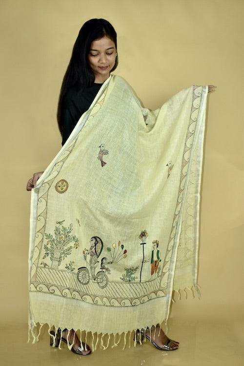 Madhubani Hand-painted "Mother Daughter" Linen Dupatta