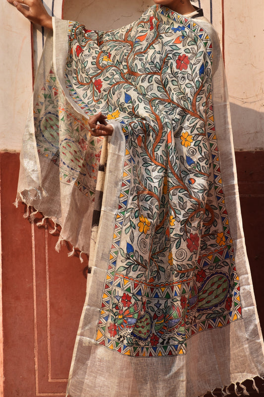 Madhubani All Over Floral Motifs Hand-Painted Linen Dupatta