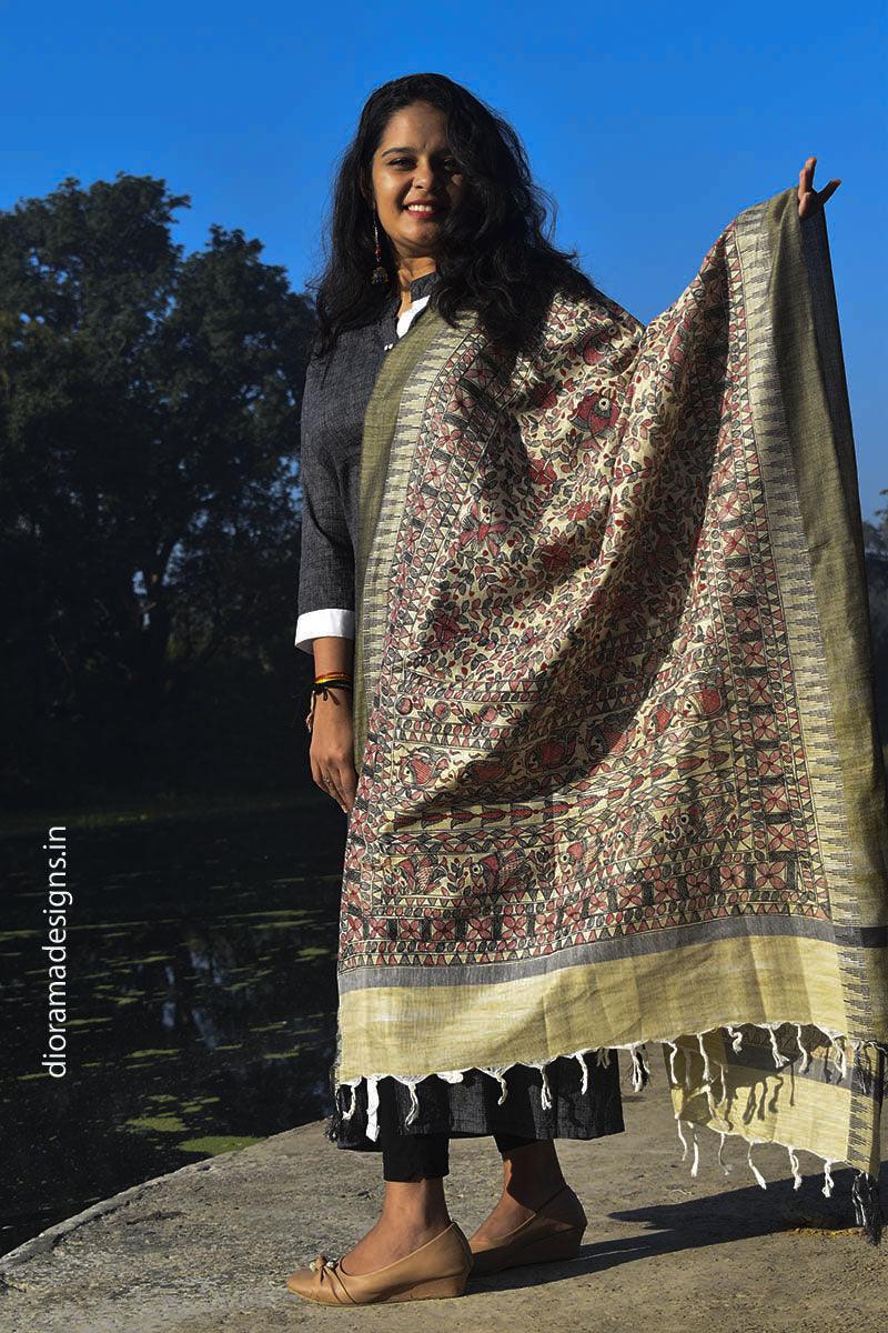 Madhubani Hand-painted Cotton Dupatta