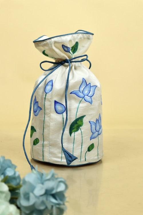 "Blue Pichwai Lotus" Silk Handpainted Potli