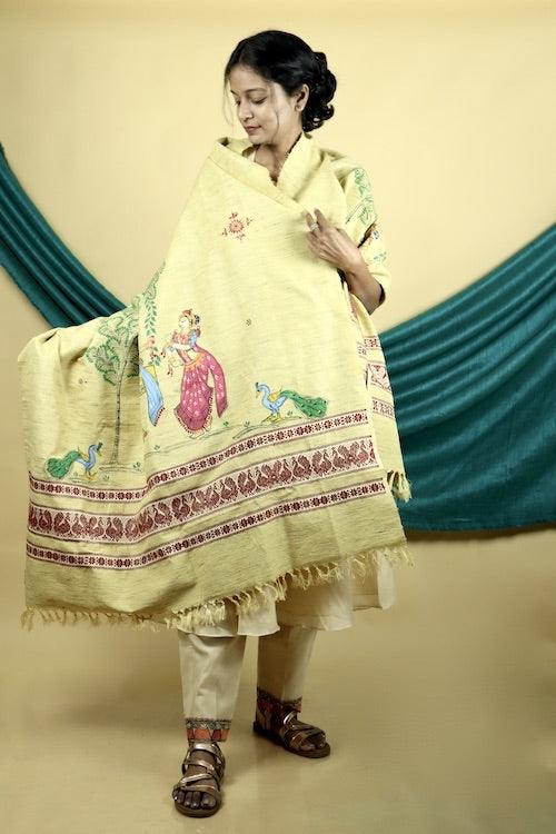 Pattachitra "Mayur" Handpainted Raw Silk Cotton Shawl