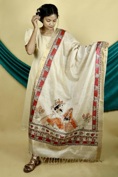 Madhubani Hand-painted "Madana Mohini" Natural Tussar Silk Dupatta