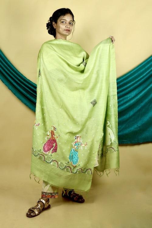 Pattachitra "Nratya" Handpainted Munga Silk Dupatta