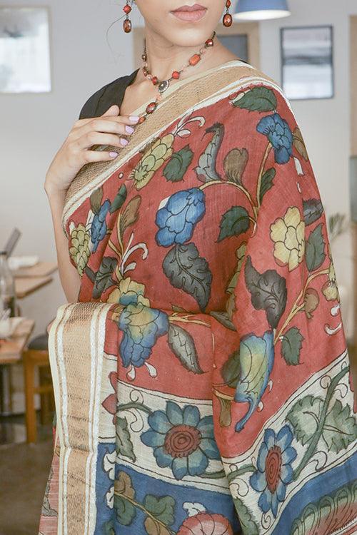 Kalamkari Hand-Painted Maheshwari Silk Saree