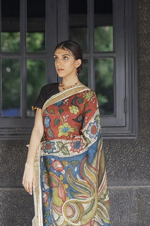 Kalamkari Hand-Painted Maheshwari Silk Saree