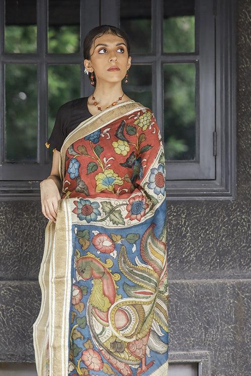 Kalamkari Hand-Painted Maheshwari Silk Saree