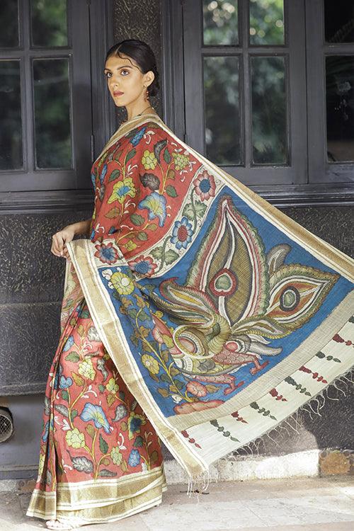 Kalamkari Hand-Painted Maheshwari Silk Saree