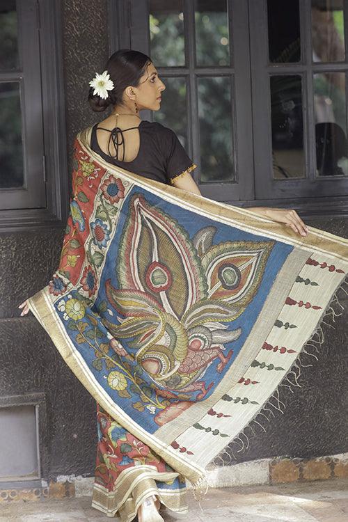 Kalamkari Hand-Painted Maheshwari Silk Saree