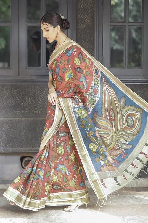 Kalamkari Hand-Painted Maheshwari Silk Saree