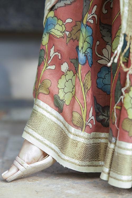 Kalamkari Hand-Painted Maheshwari Silk Saree