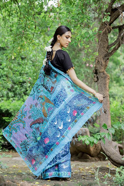 Women's Mithila Painting Saree I Hand-Painted I Madhubani Linen Saree