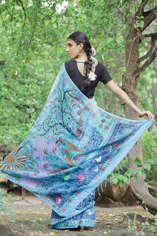 Madhubani Shibori Sky Blue Hand-Painted Linen Saree