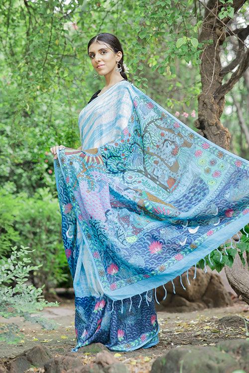 Madhubani Shibori Sky Blue Hand-Painted Linen Saree