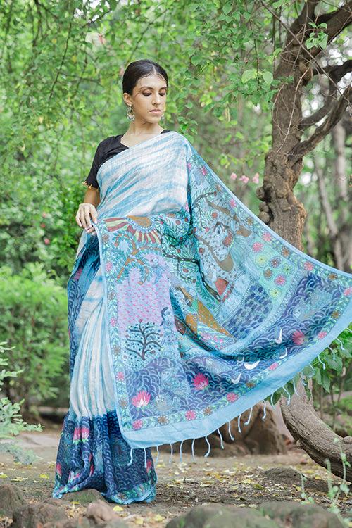 Women's Mithila Painting Saree I Hand-Painted I Madhubani Linen Saree