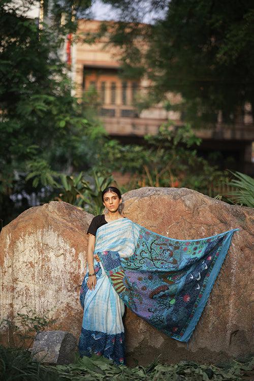 Women's Mithila Painting Saree I Hand-Painted I Madhubani Linen Saree