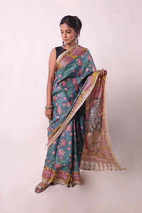 Kalamkari Hand-Painted Handloom Tussar Silk Saree