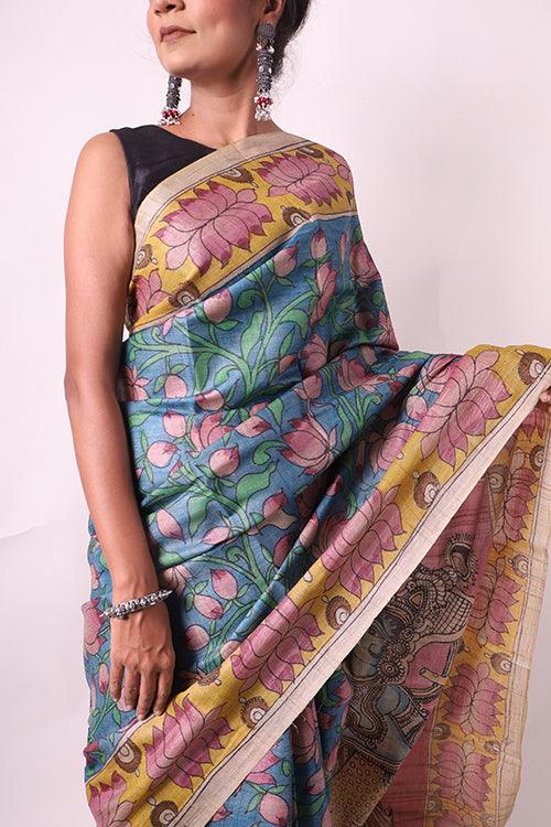 Kalamkari Hand-Painted Handloom Tussar Silk Saree