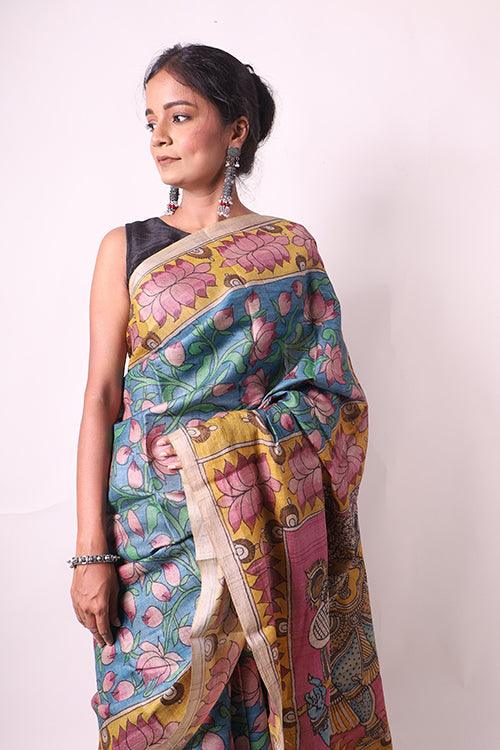 Kalamkari Hand-Painted Handloom Tussar Silk Saree