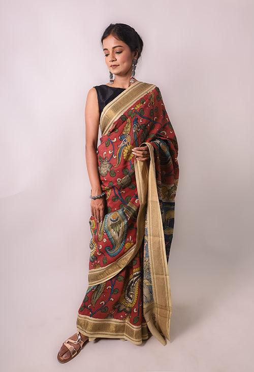 Kalamkari Hand-Painted Maheshwari Silk Saree