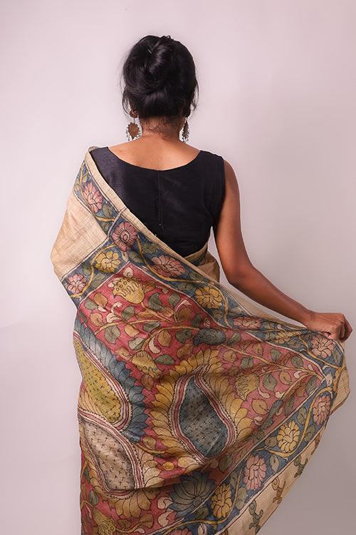 Kalamkari Hand-Painted Maheshwari Silk Saree