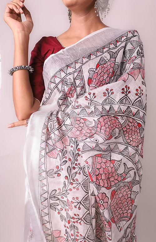 Women's Madhubani Painting Saree I Hand Painted I Mithila Linen Saree