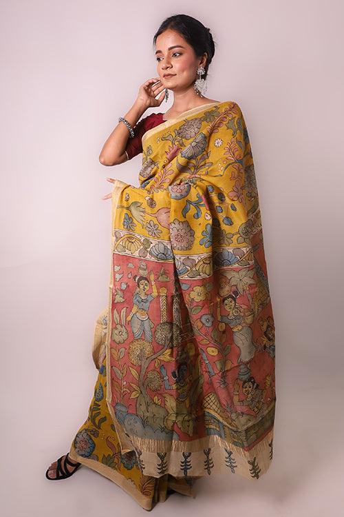 Kalamkari Hand-Painted Maheshwari Silk Saree