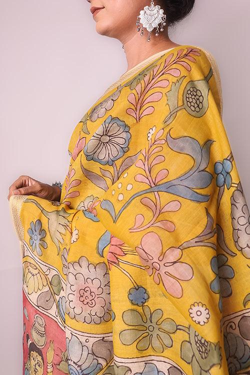 Kalamkari Hand-Painted Maheshwari Silk Saree