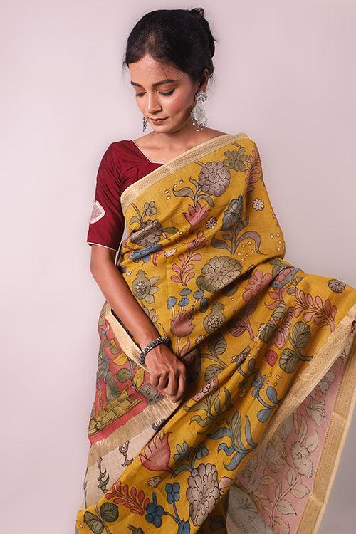 Kalamkari Hand-Painted Maheshwari Silk Saree