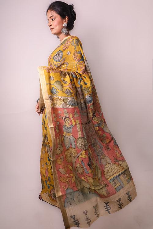 Kalamkari Hand-Painted Maheshwari Silk Saree