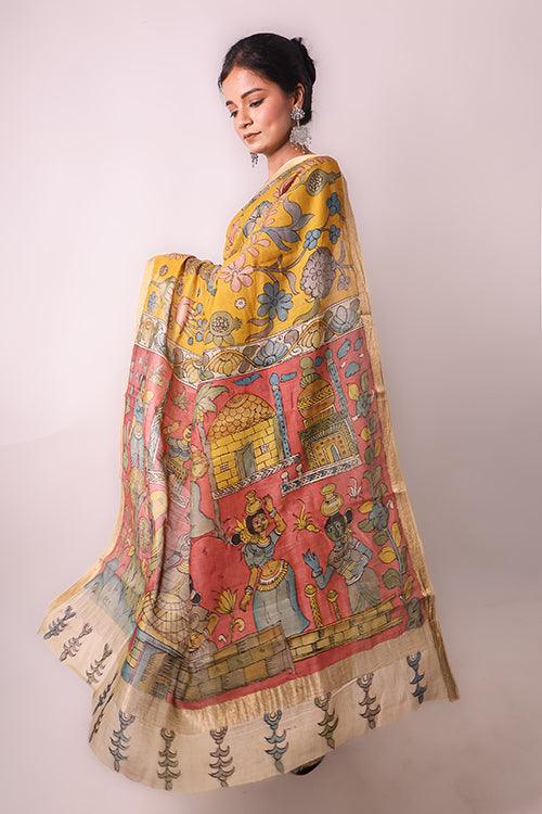 Kalamkari Hand-Painted Maheshwari Silk Saree