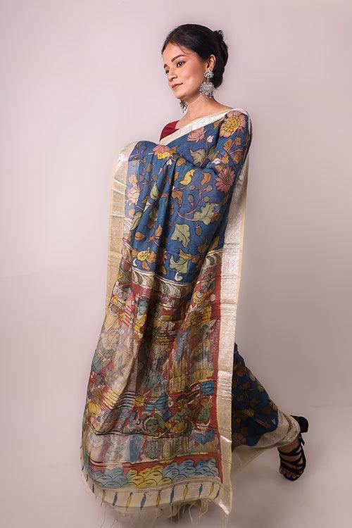 Kalamkari Hand-Painted Maheshwari Silk Saree