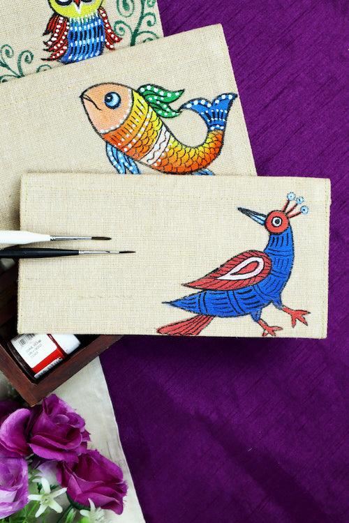 Jute Hanpainted Gond Safari Envelope - Set of 4