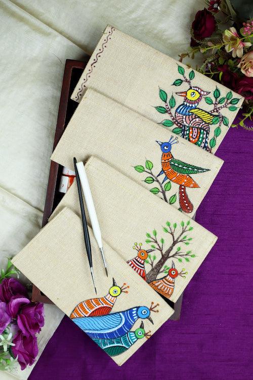 Jute Hanpainted Aflutter with Tribal Gond Envelope - Set of 4