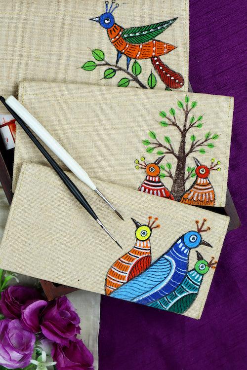 Jute Hanpainted Aflutter with Tribal Gond Envelope - Set of 4