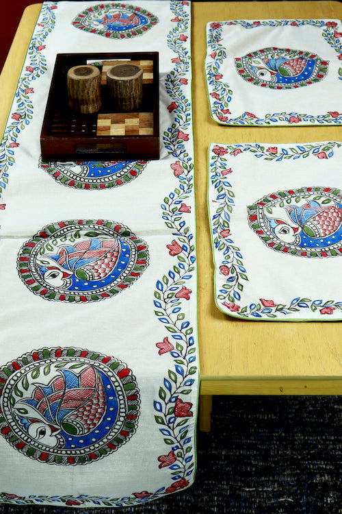 Madhubani Handpainted Chanderi Table Runner & Table Mats Set