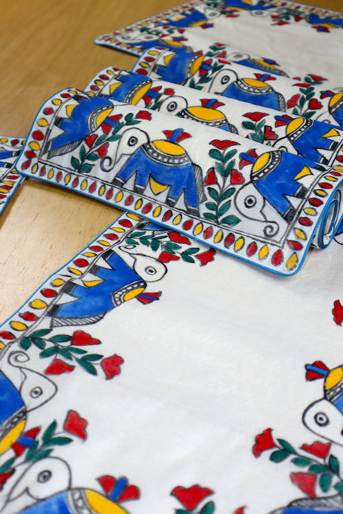 Madhubani Handpainted Chanderi Table Runner & Table Mats Set
