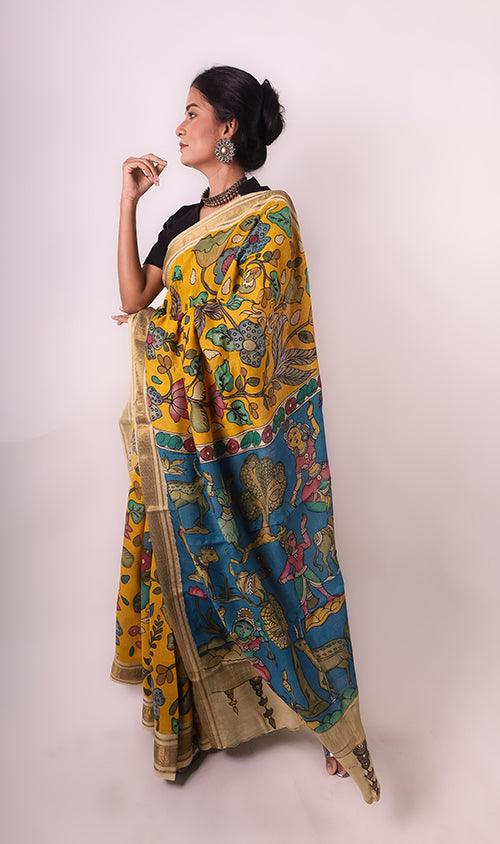 Kalamkari Hand-Painted Maheshwari Silk Saree