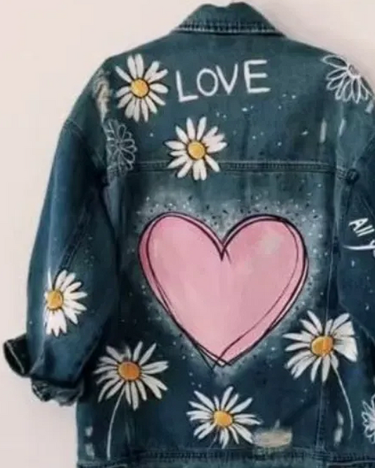 Love Heart Cute Handpainted Customized Denim Jeans Jacket For Her